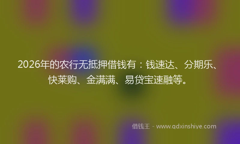 2026年的农行无抵押借钱有:钱速达、分期乐、快莱购、金满满、易贷宝速融等。