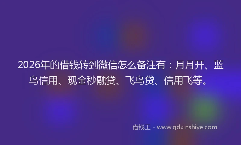 2026年的借钱转到微信怎么备注有：月月开、蓝鸟信用、现金秒融贷、飞鸟贷、信用飞等。