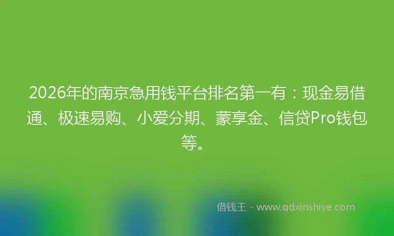 2026年的南京急用钱平台排名第一有：现金易借通、极速易购、小爱分期、蒙享金、信贷Pro钱包等。