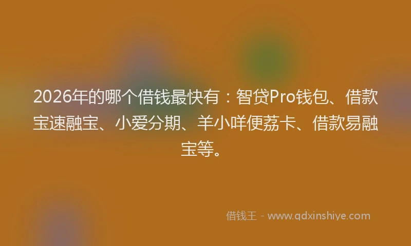 2026年的哪个借钱最快有：智贷Pro钱包、借款宝速融宝、小爱分期、羊小咩便荔卡、借款易融宝等。