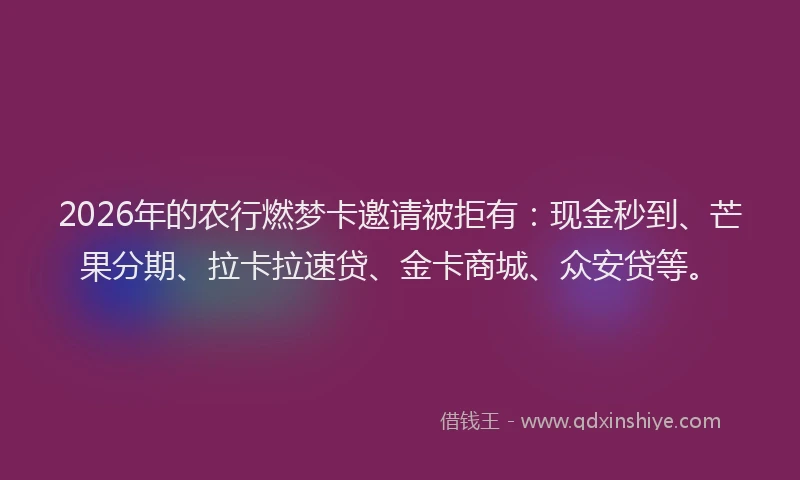 2026年的农行燃梦卡邀请被拒有：现金秒到、芒果分期、拉卡拉速贷、金卡商城、众安贷等。