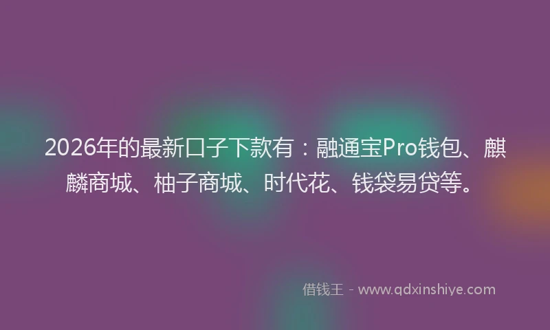 2026年的最新口子下款有：融通宝Pro钱包、麒麟商城、柚子商城、时代花、钱袋易贷等。