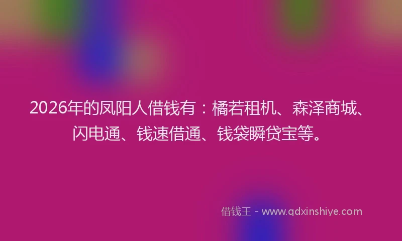 2026年的凤阳人借钱有:橘若租机、森泽商城、闪电通、钱速借通、钱袋瞬贷宝等。
