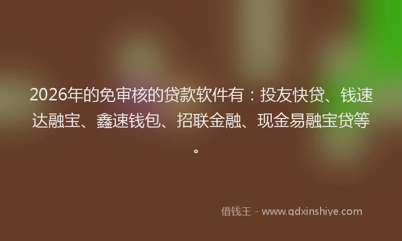 2026年的免审核的贷款软件有：投友快贷、钱速达融宝、鑫速钱包、招联金融、现金易融宝贷等。