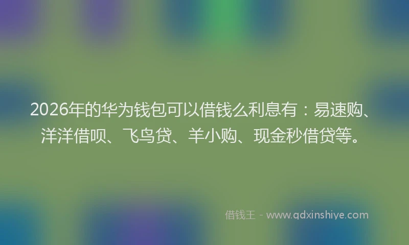 2026年的华为钱包可以借钱么利息有：易速购、洋洋借呗、飞鸟贷、羊小购、现金秒借贷等。