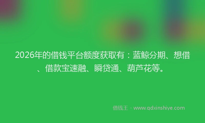 2026年的借钱平台额度获取有:蓝鲸分期、想借、借款宝速融、瞬贷通、葫芦花等。