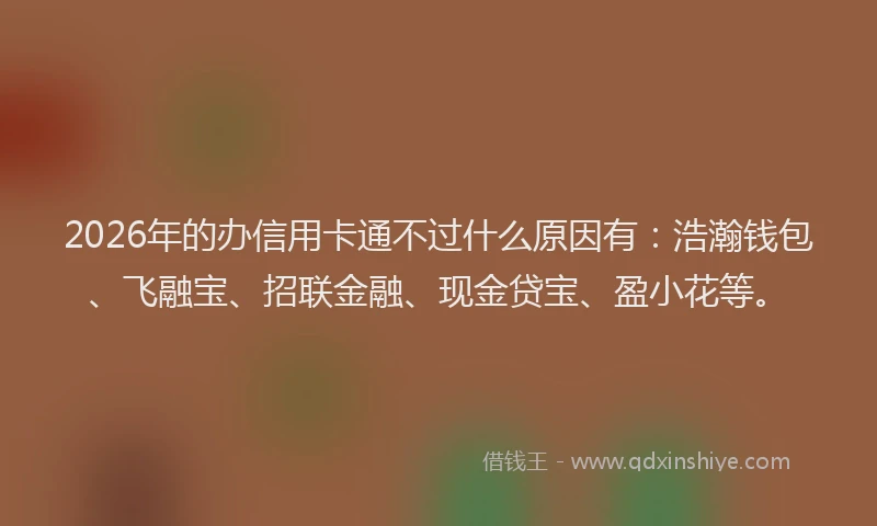 2026年的办信用卡通不过什么原因有：浩瀚钱包、飞融宝、招联金融、现金贷宝、盈小花等。