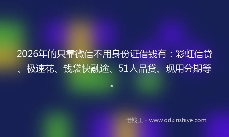 2026年的只靠微信不用身份证借钱有：彩虹信贷、极速花、钱袋快融途、51人品贷、现用分期等。