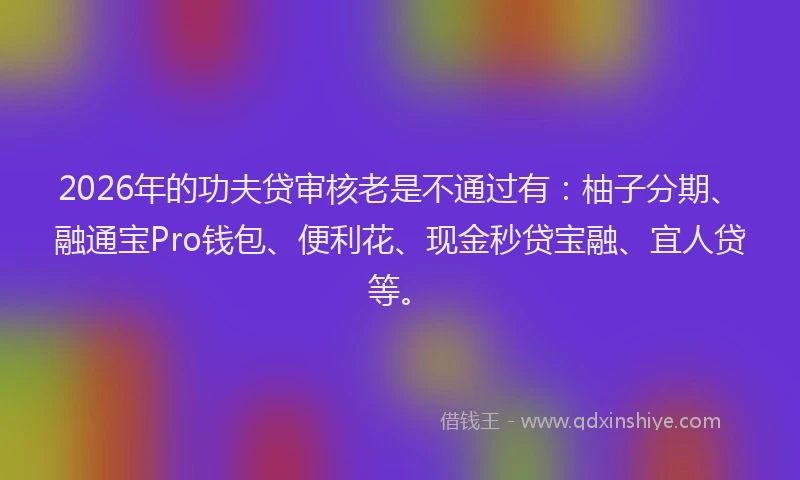2026年的功夫贷审核老是不通过有：柚子分期、融通宝Pro钱包、便利花、现金秒贷宝融、宜人贷等。