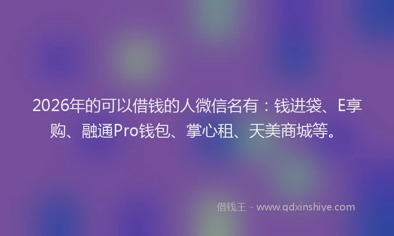 2026年的可以借钱的人微信名有：钱进袋、E享购、融通Pro钱包、掌心租、天美商城等。
