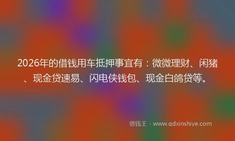 2026年的借钱用车抵押事宜有:微微理财、闲猪、现金贷速易、闪电侠钱包、现金白鸽贷等。