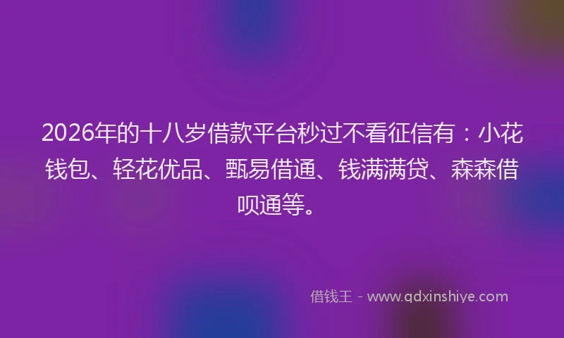 2026年的十八岁借款平台秒过不看征信有:小花钱包、轻花优品、甄易借通、钱满满贷、森森借呗通等。