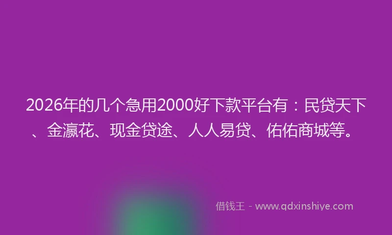 2026年的几个急用2000好下款平台有：民贷天下、金瀛花、现金贷途、人人易贷、佑佑商城等。