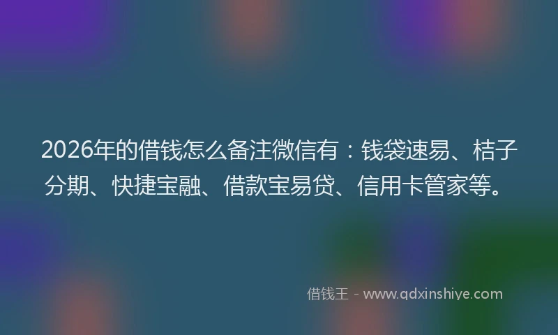 2026年的借钱怎么备注微信有:钱袋速易、桔子分期、快捷宝融、借款宝易贷、信用卡管家等。