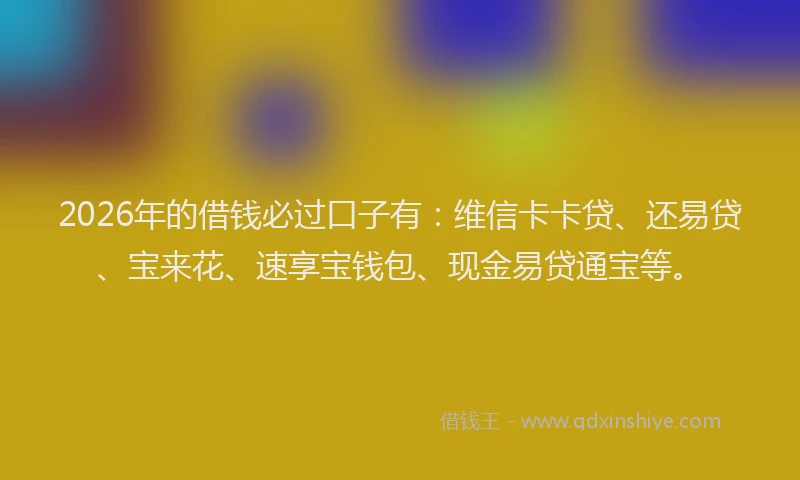 2026年的借钱必过口子有：维信卡卡贷、还易贷、宝来花、速享宝钱包、现金易贷通宝等。
