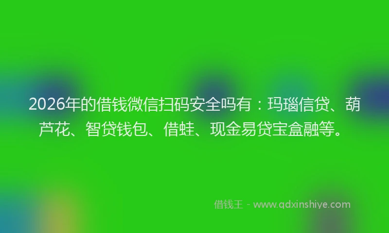 2026年的借钱微信扫码安全吗有：玛瑙信贷、葫芦花、智贷钱包、借蛙、现金易贷宝盒融等。