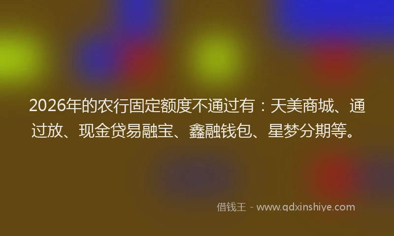 2026年的农行固定额度不通过有：天美商城、通过放、现金贷易融宝、鑫融钱包、星梦分期等。