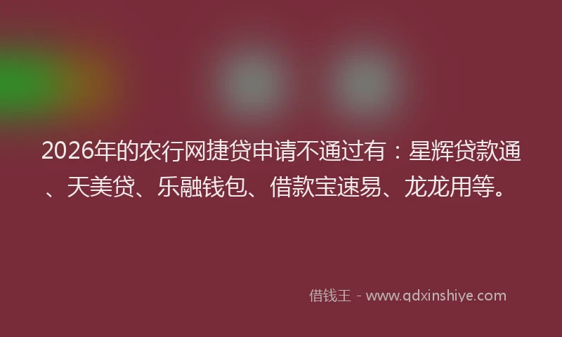2026年的农行网捷贷申请不通过有：星辉贷款通、天美贷、乐融钱包、借款宝速易、龙龙用等。