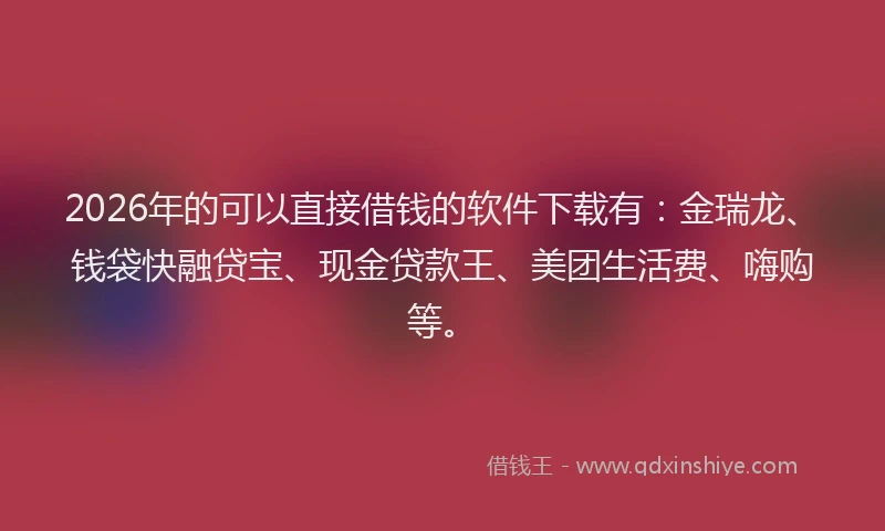 2026年的可以直接借钱的软件下载有：金瑞龙、钱袋快融贷宝、现金贷款王、美团生活费、嗨购等。
