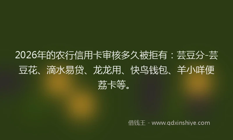 2026年的农行信用卡审核多久被拒有:芸豆分-芸豆花、滴水易贷、龙龙用、快鸟钱包、羊小咩便荔卡等。