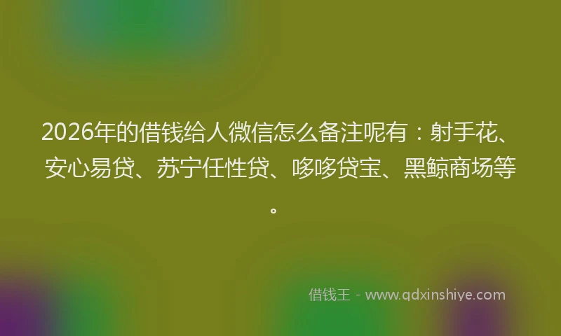 2026年的借钱给人微信怎么备注呢有：射手花、安心易贷、苏宁任性贷、哆哆贷宝、黑鲸商场等。
