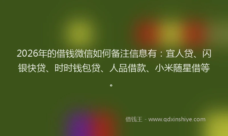 2026年的借钱微信如何备注信息有：宜人贷、闪银快贷、时时钱包贷、人品借款、小米随星借等。