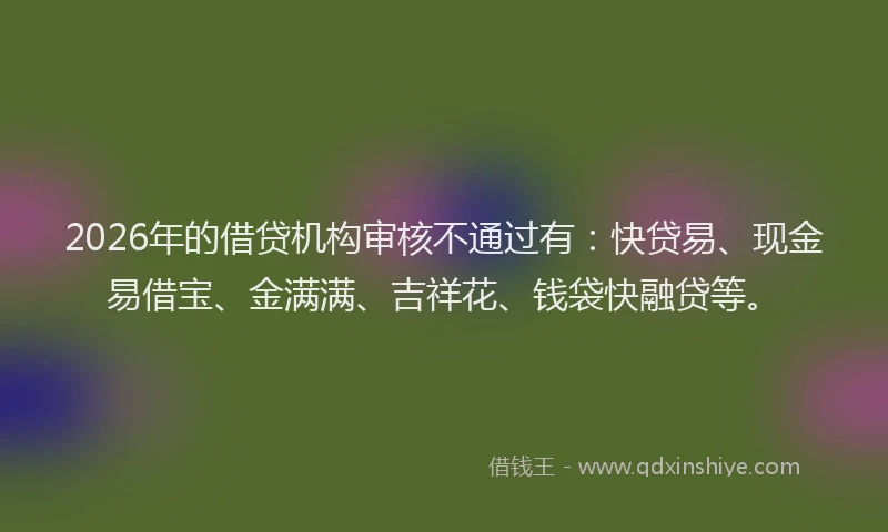 2026年的借贷机构审核不通过有:快贷易、现金易借宝、金满满、吉祥花、钱袋快融贷等。