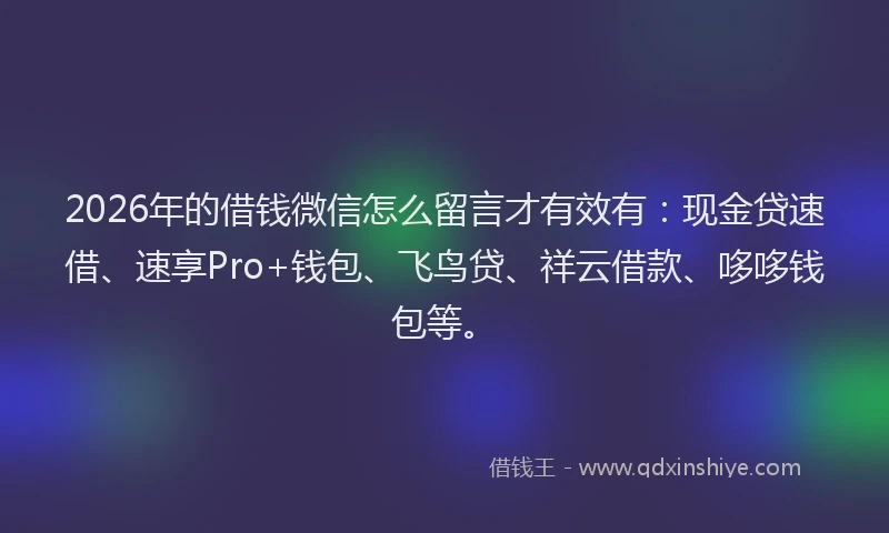 2026年的借钱微信怎么留言才有效有：现金贷速借、速享Pro+钱包、飞鸟贷、祥云借款、哆哆钱包等。
