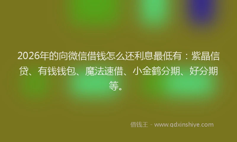 2026年的向微信借钱怎么还利息最低有：紫晶信贷、有钱钱包、魔法速借、小金鹤分期、好分期等。