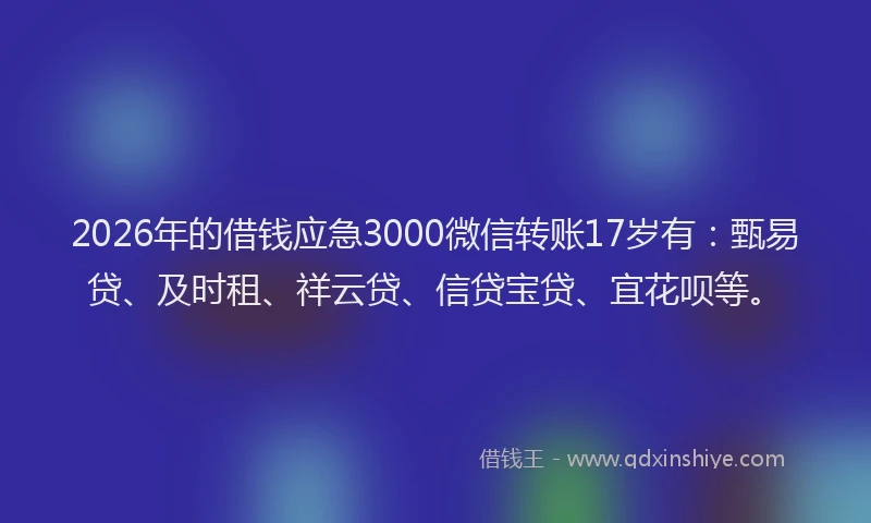 2026年的借钱应急3000微信转账17岁有：甄易贷、及时租、祥云贷、信贷宝贷、宜花呗等。