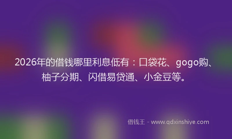 2026年的借钱哪里利息低有：口袋花、gogo购、柚子分期、闪借易贷通、小金豆等。