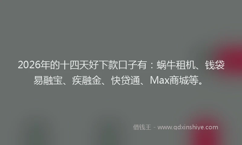 2026年的十四天好下款口子有：蜗牛租机、钱袋易融宝、疾融金、快贷通、Max商城等。