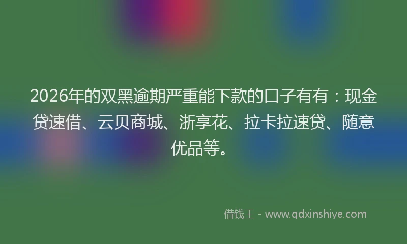 2026年的双黑逾期严重能下款的口子有有：现金贷速借、云贝商城、浙享花、拉卡拉速贷、随意优品等。