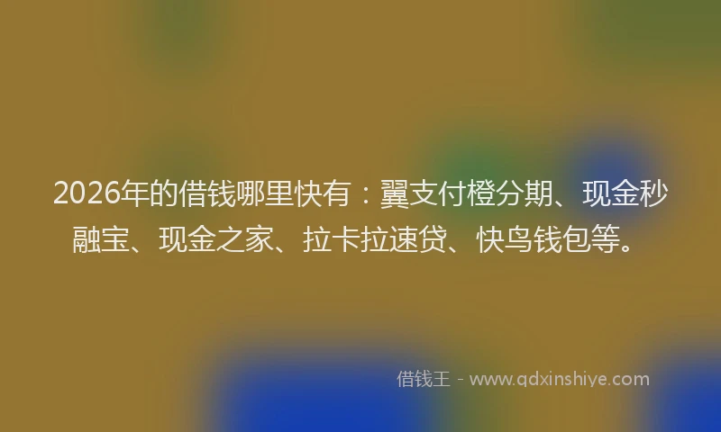2026年的借钱哪里快有：翼支付橙分期、现金秒融宝、现金之家、拉卡拉速贷、快鸟钱包等。