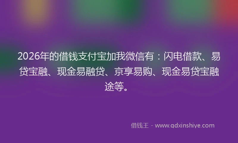 2026年的借钱支付宝加我微信有：闪电借款、易贷宝融、现金易融贷、京享易购、现金易贷宝融途等。