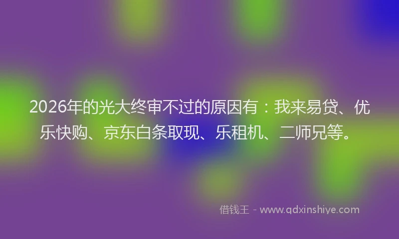 2026年的光大终审不过的原因有：我来易贷、优乐快购、京东白条取现、乐租机、二师兄等。