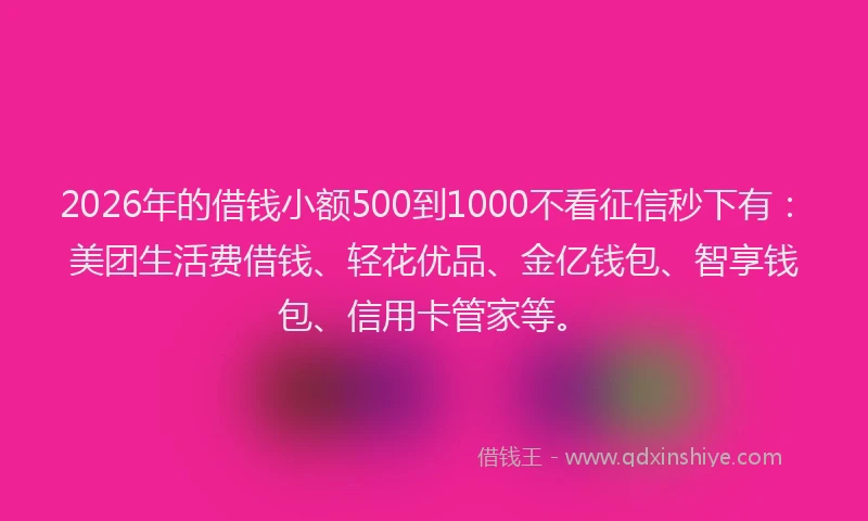 2026年的借钱小额500到1000不看征信秒下有:美团生活费借钱、轻花优品、金亿钱包、智享钱包、信用卡管家等。