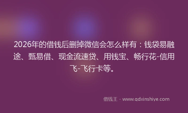 2026年的借钱后删掉微信会怎么样有:钱袋易融途、甄易借、现金流速贷、用钱宝、畅行花-信用飞-飞行卡等。