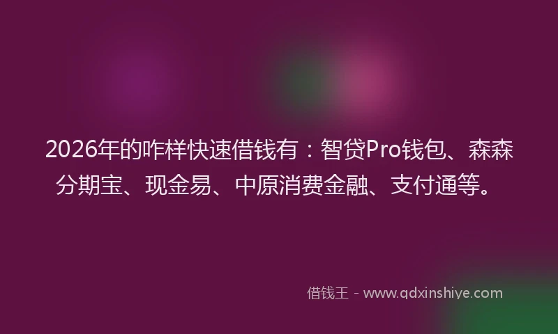 2026年的咋样快速借钱有:智贷Pro钱包、森森分期宝、现金易、中原消费金融、支付通等。