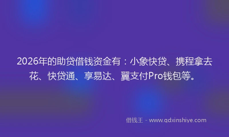 2026年的助贷借钱资金有：小象快贷、携程拿去花、快贷通、享易达、翼支付Pro钱包等。