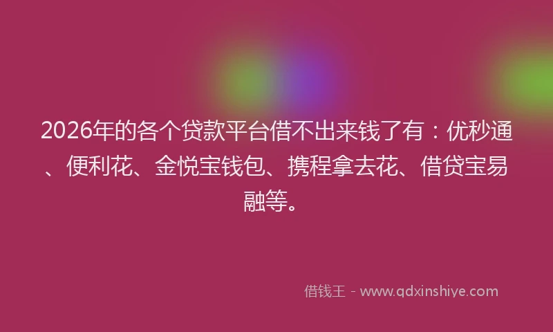 2026年的各个贷款平台借不出来钱了有：优秒通、便利花、金悦宝钱包、携程拿去花、借贷宝易融等。