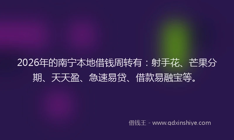 2026年的南宁本地借钱周转有:射手花、芒果分期、天天盈、急速易贷、借款易融宝等。