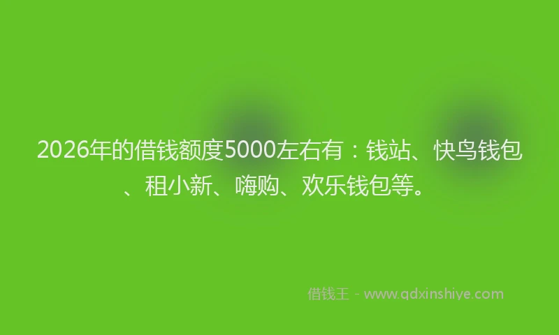 2026年的借钱额度5000左右有：钱站、快鸟钱包、租小新、嗨购、欢乐钱包等。