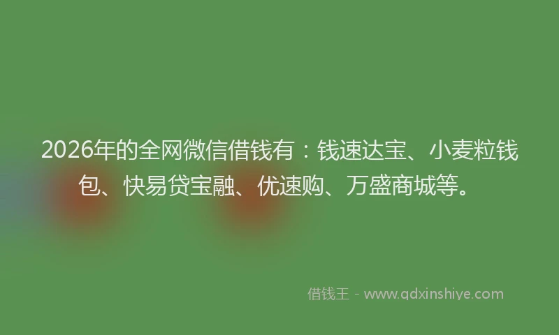2026年的全网微信借钱有:钱速达宝、小麦粒钱包、快易贷宝融、优速购、万盛商城等。