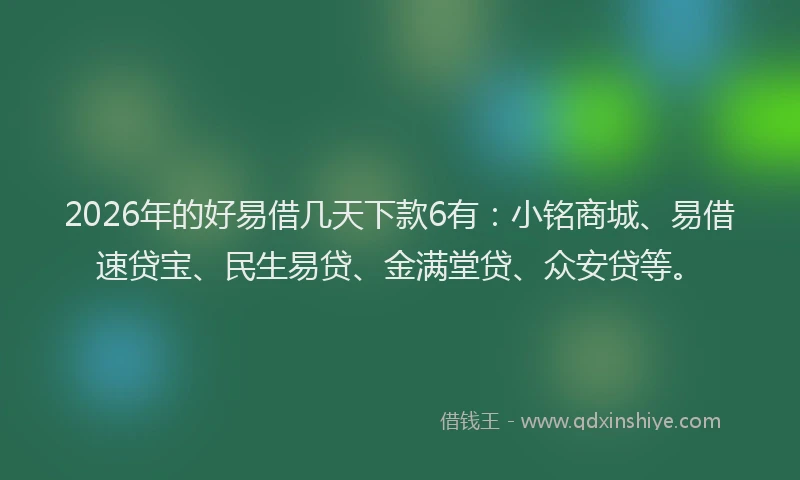 2026年的好易借几天下款6有：小铭商城、易借速贷宝、民生易贷、金满堂贷、众安贷等。