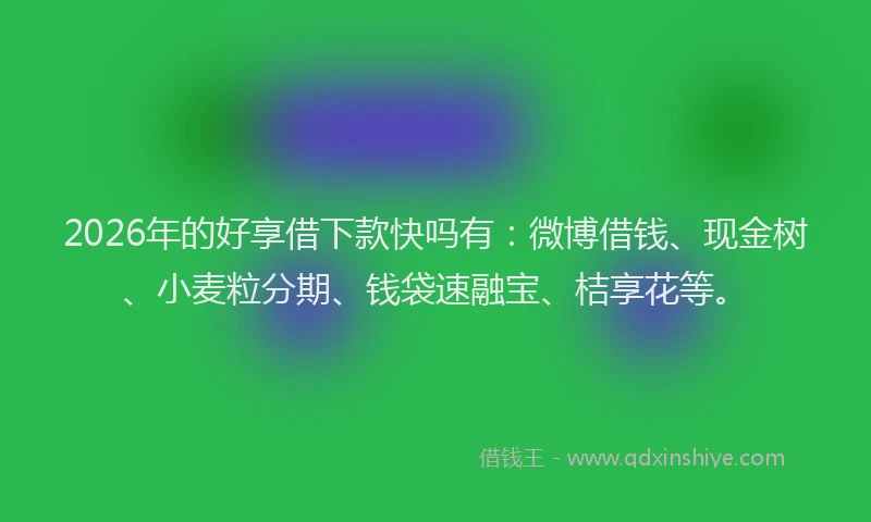 2026年的好享借下款快吗有：微博借钱、现金树、小麦粒分期、钱袋速融宝、桔享花等。