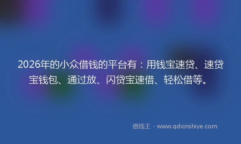 2026年的小众借钱的平台有：用钱宝速贷、速贷宝钱包、通过放、闪贷宝速借、轻松借等。