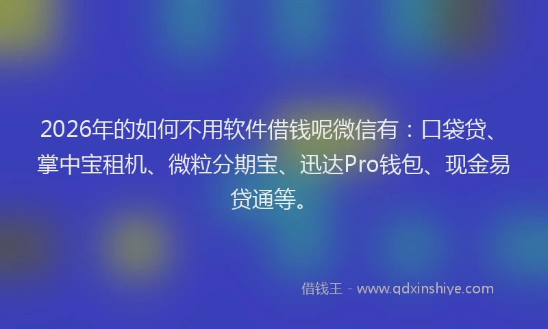 2026年的如何不用软件借钱呢微信有：口袋贷、掌中宝租机、微粒分期宝、迅达Pro钱包、现金易贷通等。