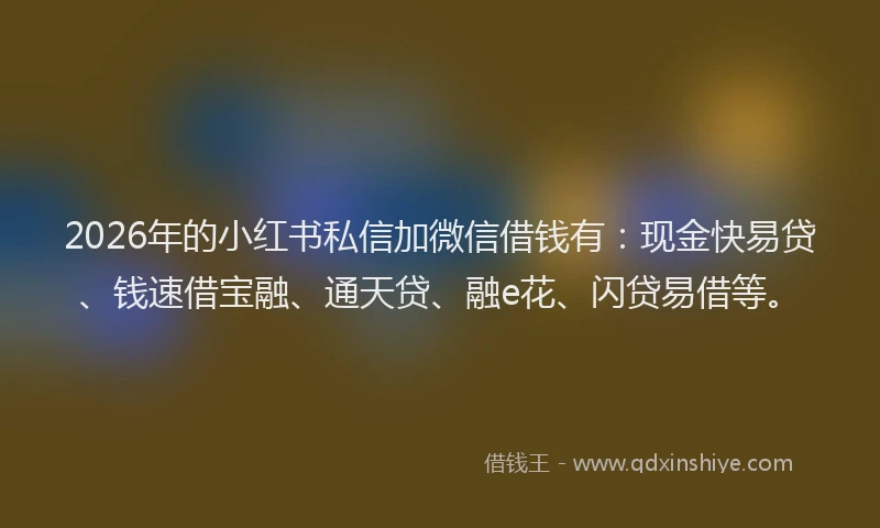2026年的小红书私信加微信借钱有：现金快易贷、钱速借宝融、通天贷、融e花、闪贷易借等。