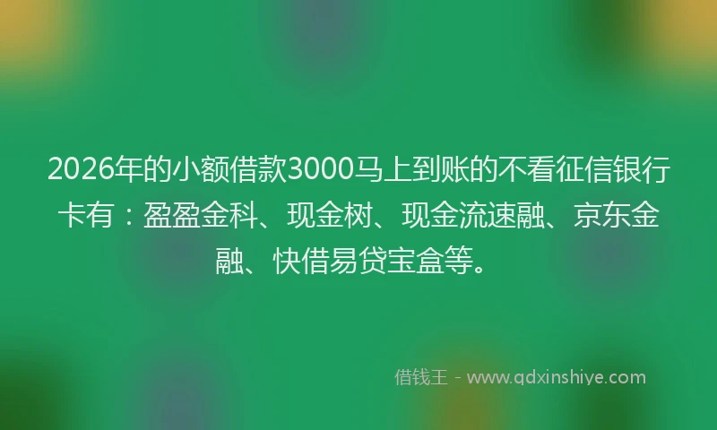 2026年的小额借款3000马上到账的不看征信银行卡有：盈盈金科、现金树、现金流速融、京东金融、快借易贷宝盒等。
